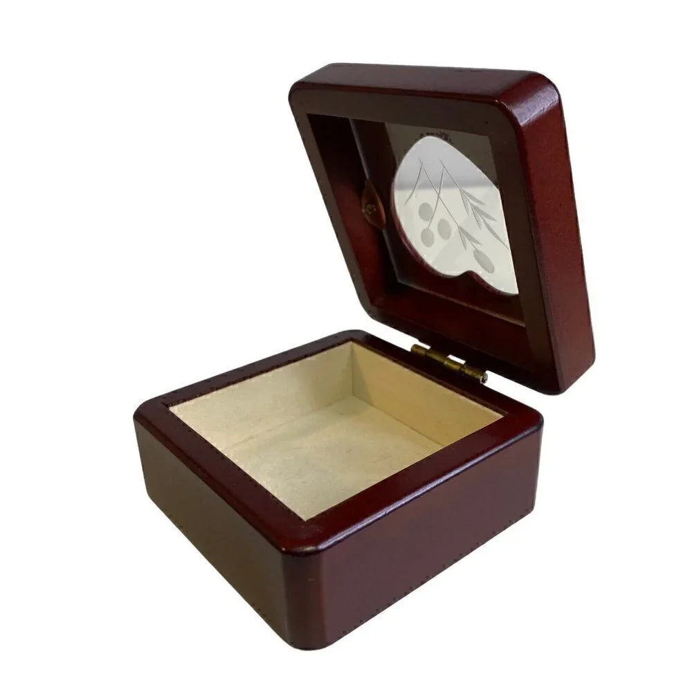 Wood Jewelry Trinket Box Heart Shape Etched Glass 3.5